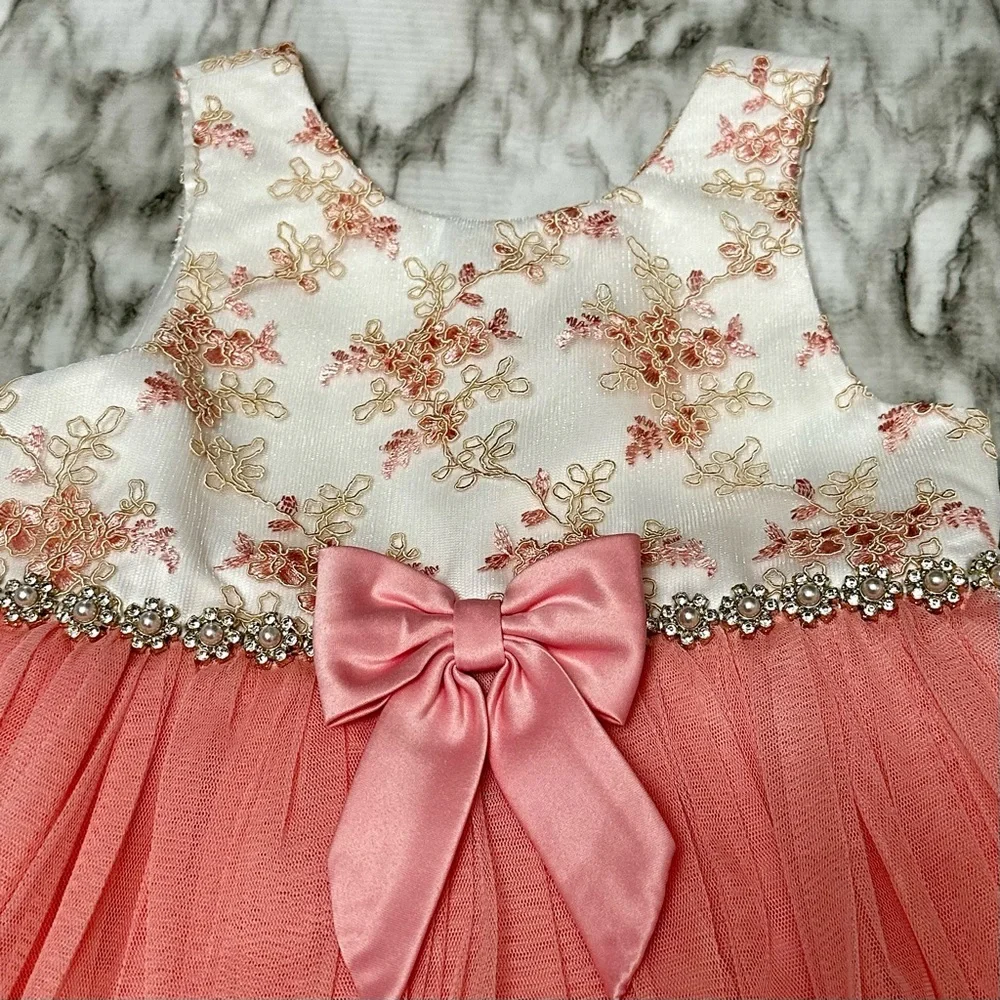 American Princess Pink Tulle Dress Sz 6 Floral Jacquard Jeweled Waist Fancy Gown